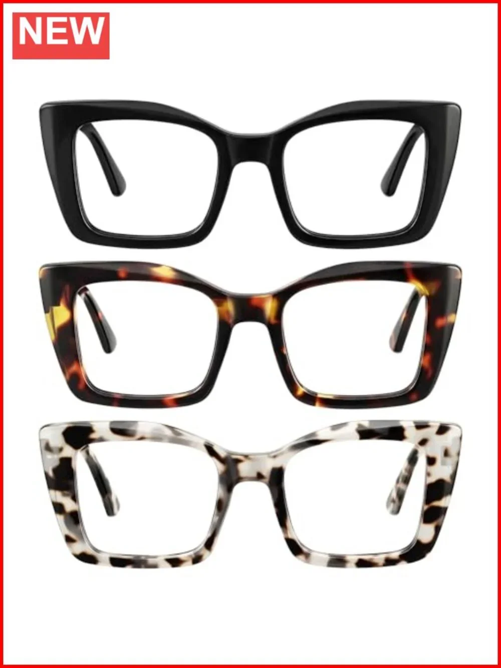 Oversized Square Reading Glasses 3 Pack Blue Light Blocking Spring Hinge Readers